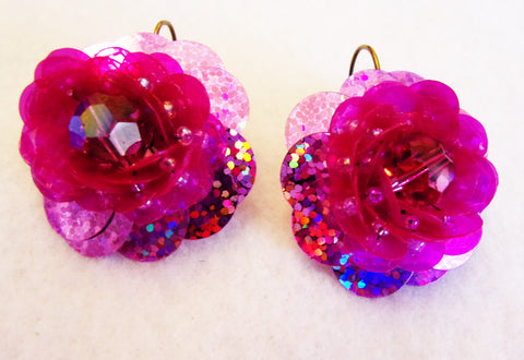Pink Flower  Sequin Earring Irridesent Crystal