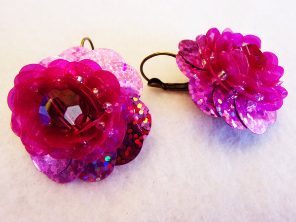 Pink Flower  Sequin Earring Irridesent Crystal